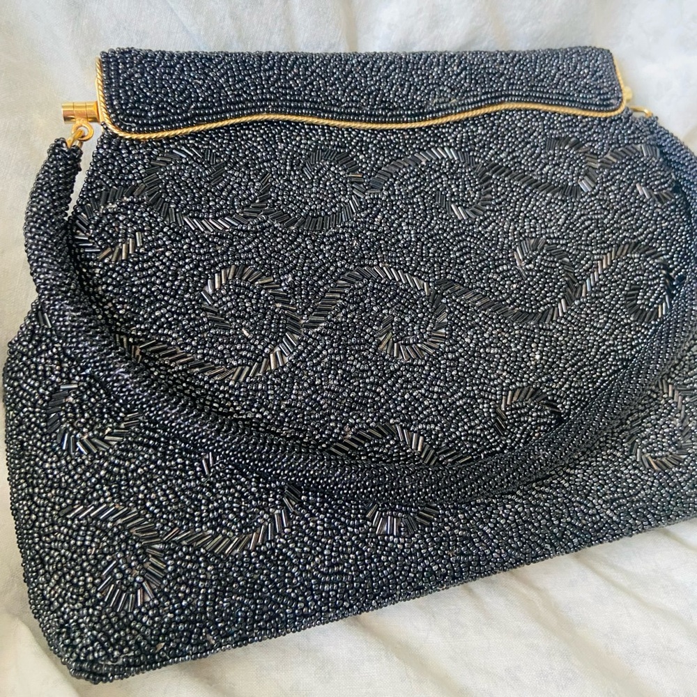 80s Vintage Black Beaded Evening Bag